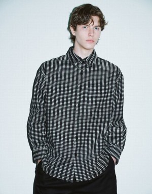 Black Urban Revivo Striped Button Up Oversized Men's Shirts | BHPCYQ-397