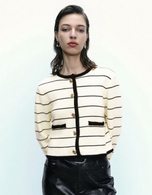 Black Urban Revivo Striped Crew Neck Knitted With Fake Pockets Women's Cardigan | GFJWMA-873