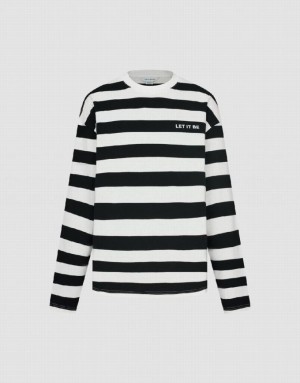 Black Urban Revivo Striped Crew Neck Men's T-Shirts | IBHPUS-643