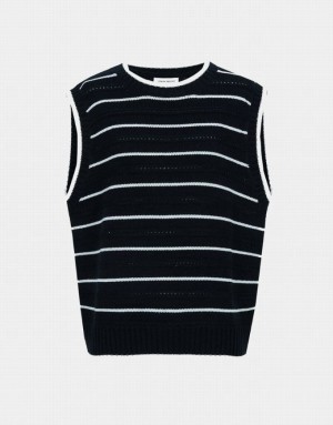 Black Urban Revivo Striped Crew Neck Women's Sweaters | WVBIAP-518