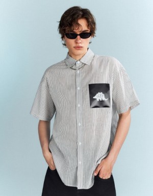 Black Urban Revivo Striped Oversized Men's Shirts | MNUFLB-586