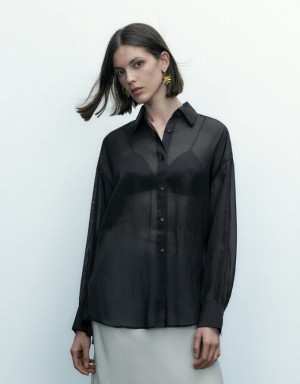 Black Urban Revivo Thin Button Up Loose Women's Shirts | WCRIQB-975