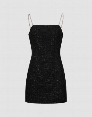 Black Urban Revivo Tweed Off-Shoulder A-Line Cami Women's Dress | KAQRWX-315