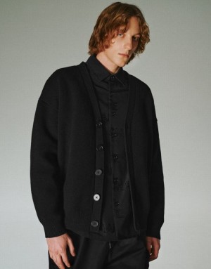 Black Urban Revivo V-Neck Knitted Men's Cardigan | WCKRTX-369