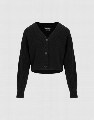 Black Urban Revivo V-Neck Knitted Women's Cardigan | MQFENJ-268