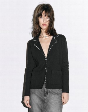 Black Urban Revivo V-Neck Knitted Women's Cardigan | GYSXZD-036