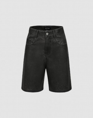 Black Urban Revivo Vegan Leather Loose Women's Shorts | TSBKXF-307