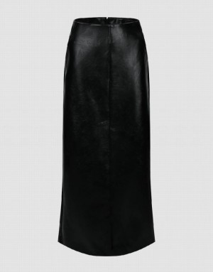 Black Urban Revivo Vegan Leather Midi Straight Women's Skirts | ICBSTR-203