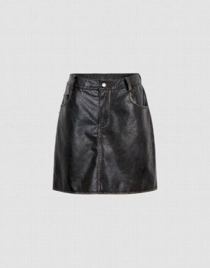 Black Urban Revivo Vegan Leather Mini A-Line Women's Skirts | EIGKZS-672