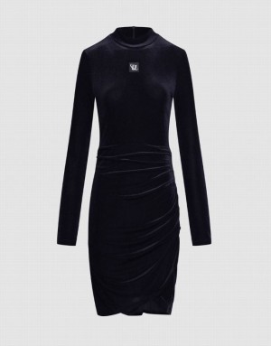 Black Urban Revivo Velvet Ruched Bodycon Women's Casual Dress | VJOYZW-690