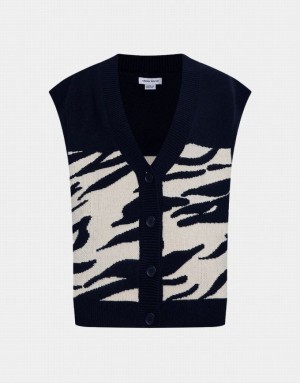 Black Urban Revivo Zebra Striped Button Up Women's Sweater Vest | HKUDXE-981