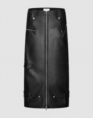 Black Urban Revivo Zip Up Midi Vegan Leather Women's Skirts | WCSLVT-598