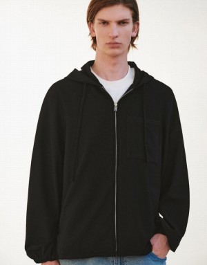 Black Urban Revivo Zipper Front Men's Hooded Jackets | TMVHYU-085