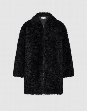 Black Urban Revivo Zipper Front Straight Furry Women's Coats | NMYJHB-914