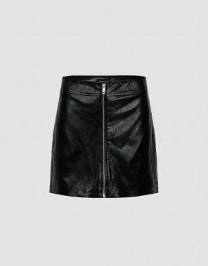 Black Urban Revivo Zipper Front Vegan Leather Mini A-Line Women's Skirts | WZHDNP-610