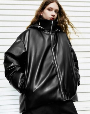 Black Urban Revivo Zipper Front Vegan Leather Women's Down Jackets | RFPQKV-327