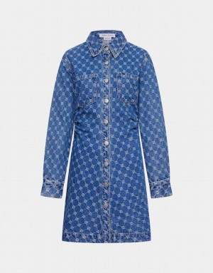 Blue Urban Revivo Allover Jacquard Ruched Button Up Women's Denim Dress | JRKPCZ-089