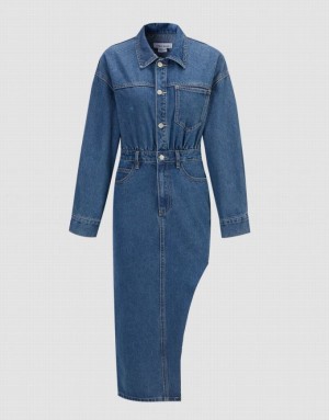 Blue Urban Revivo Asymmetrical Hem Women's Denim Dress | ZOCHUW-850