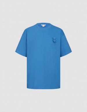 Blue Urban Revivo Bear Detail Crew Neck Men's T-Shirts | WRQXYI-493