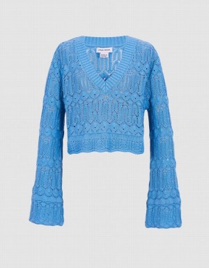 Blue Urban Revivo Bell Sleeve Pointelle Knit Top Women's Cardigan | WXQRTM-754