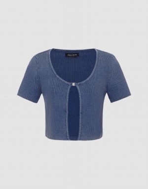 Blue Urban Revivo Buckled Knitted Women's Cardigan | GHLMKS-984