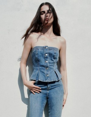 Blue Urban Revivo Button Up Denim Tube Top Women's Blouse | ADYMEK-072