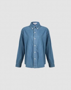 Blue Urban Revivo Button Up Denim Women's Shirts | UXDOSW-361