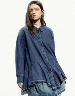 Blue Urban Revivo Button Up Loose Denim Women's Shirts | BQHCNF-350