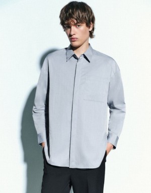 Blue Urban Revivo Button Up Loose Men's Shirts | HRFUVP-185