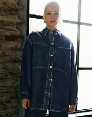 Blue Urban Revivo Button Up Oversized Denim Women's Shirts | RCDSWH-741