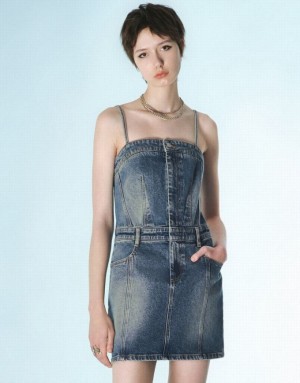 Blue Urban Revivo Cami Women's Denim Dress | GCBNEJ-827