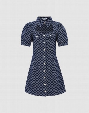 Blue Urban Revivo Checkered Cut Out Front Women's Denim Dress | OXGLNY-478