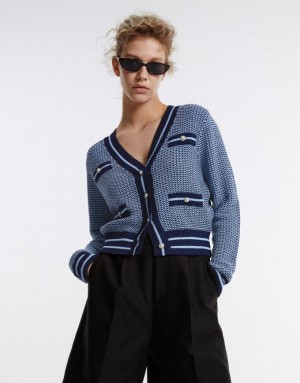 Blue Urban Revivo Contrast Trim Women's Cardigan | ETFPHO-219