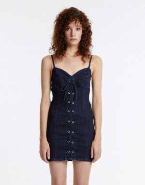 Blue Urban Revivo Corset Style Women's Denim Dress | BDCWHX-521