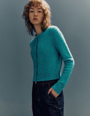 Blue Urban Revivo Crew Neck Knitted Women's Cardigan | ZMPCRE-697