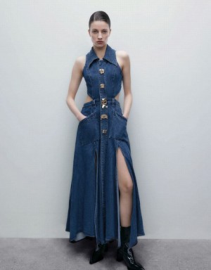 Blue Urban Revivo Cut-Out Sleeveless Lapel Women's Denim Dress | XPZNQH-942