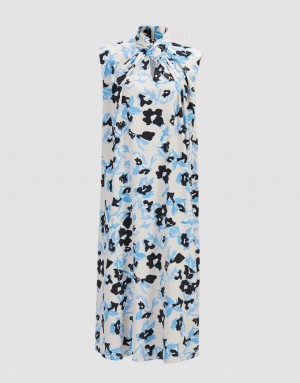 Blue Urban Revivo Cut Out Floral Print Sleeveless Women's Casual Dress | FUMKPV-543