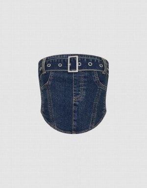 Blue Urban Revivo Denim Top Women's Shirts | MNVHBW-281