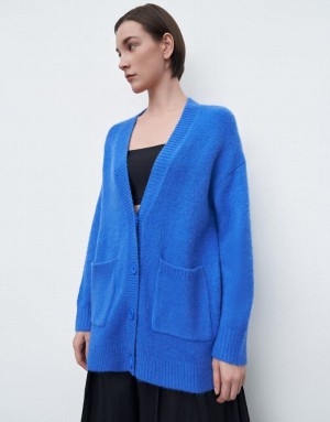 Blue Urban Revivo Drop Shoulder Sleeve V-Neck Knitted Women's Cardigan | GBKZYT-902