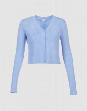 Blue Urban Revivo Floral Embroidery Button Up Women's Cardigan | HLAVDW-241