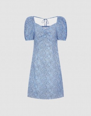 Blue Urban Revivo Floral Print Puff Sleeve Sweetheart Women's Casual Dress | WBZVSH-320