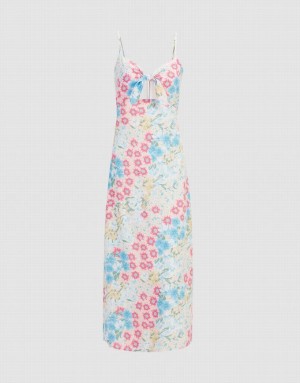 Blue Urban Revivo Floral Print Tie Front Cut Out Cami Women's Dress | BZJNQM-420