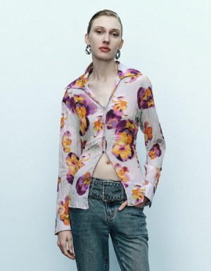 Blue Urban Revivo Flower Printed Women's Shirts | MKJNQA-342