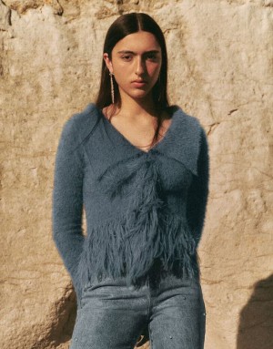 Blue Urban Revivo Furry Off-Shoulder Knitted Women's Cardigan | FIVHGC-813