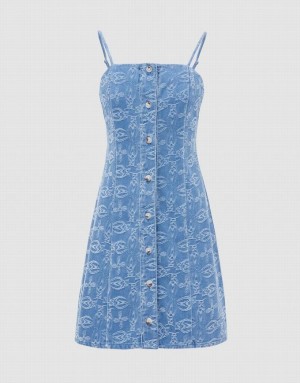 Blue Urban Revivo Geo Pattern Cami Women's Denim Dress | GLRFDH-035