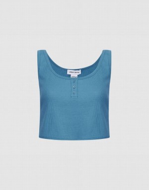 Blue Urban Revivo Half Button Ribbed Knit Women's Tank Top | YMWULD-182