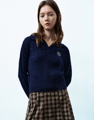 Blue Urban Revivo Knitted With Collar Women's Cardigan | UOZKWJ-659