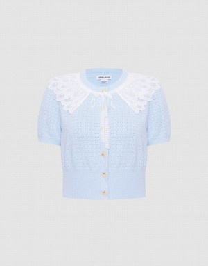 Blue Urban Revivo Lace Collar Pointelle Button Up Women's Cardigan | LKYBQU-821