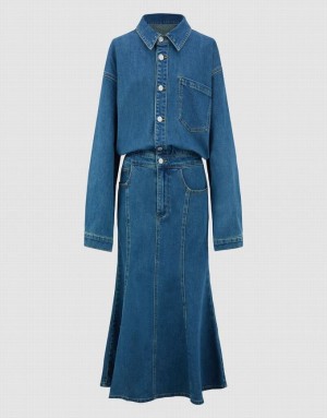 Blue Urban Revivo Lapel Women's Denim Dress | TVCDYS-890