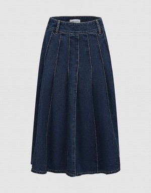 Blue Urban Revivo Midi A-Line With Belt Women's Denim Skirt | NQVITW-918